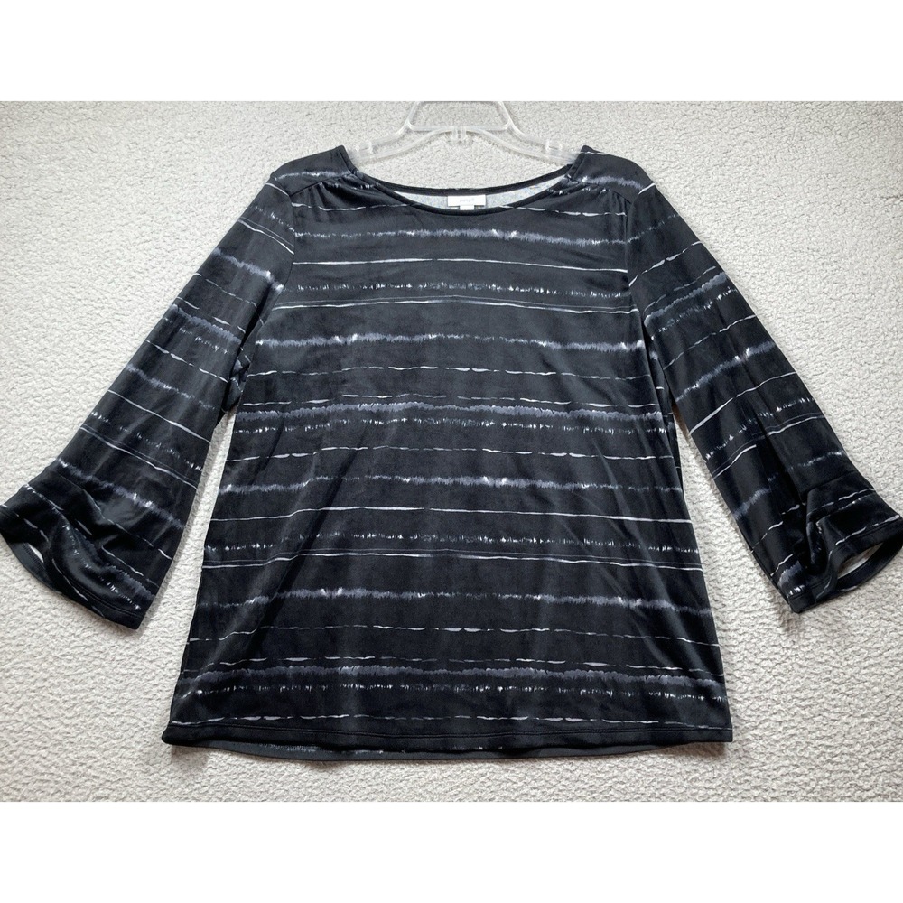 Pure Jill Velour Top Womens Medium Black White Stripe Pullover 3/4 Sleeve Street